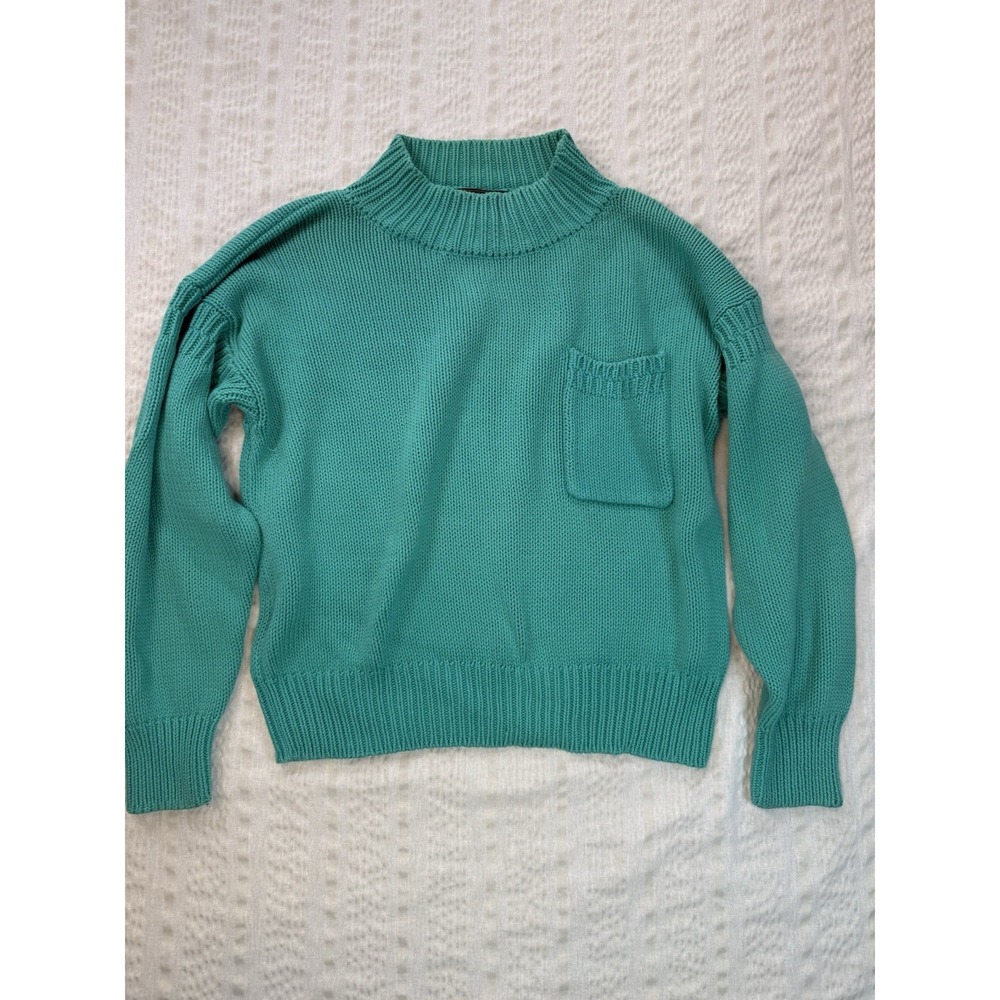 Vintage Eddie Bauer Cotton Sweater Teal Pocket Chunky Knit Small